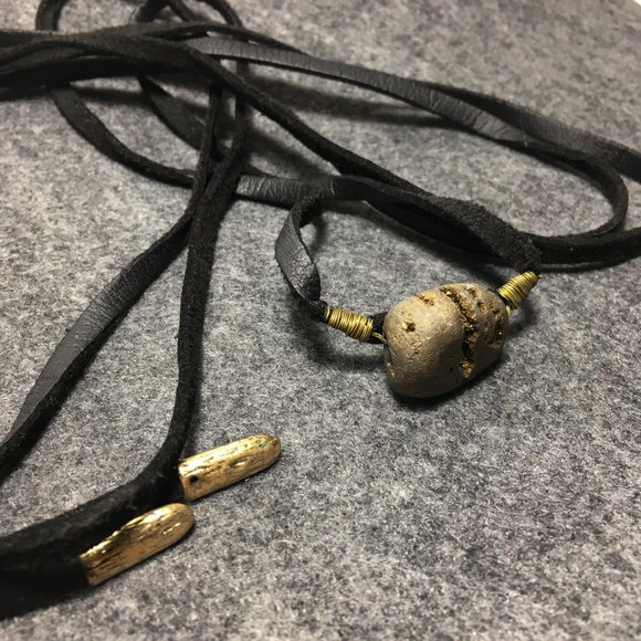 Boho Chic Black Leather and Stone Long Choker - Picture 3 of 6